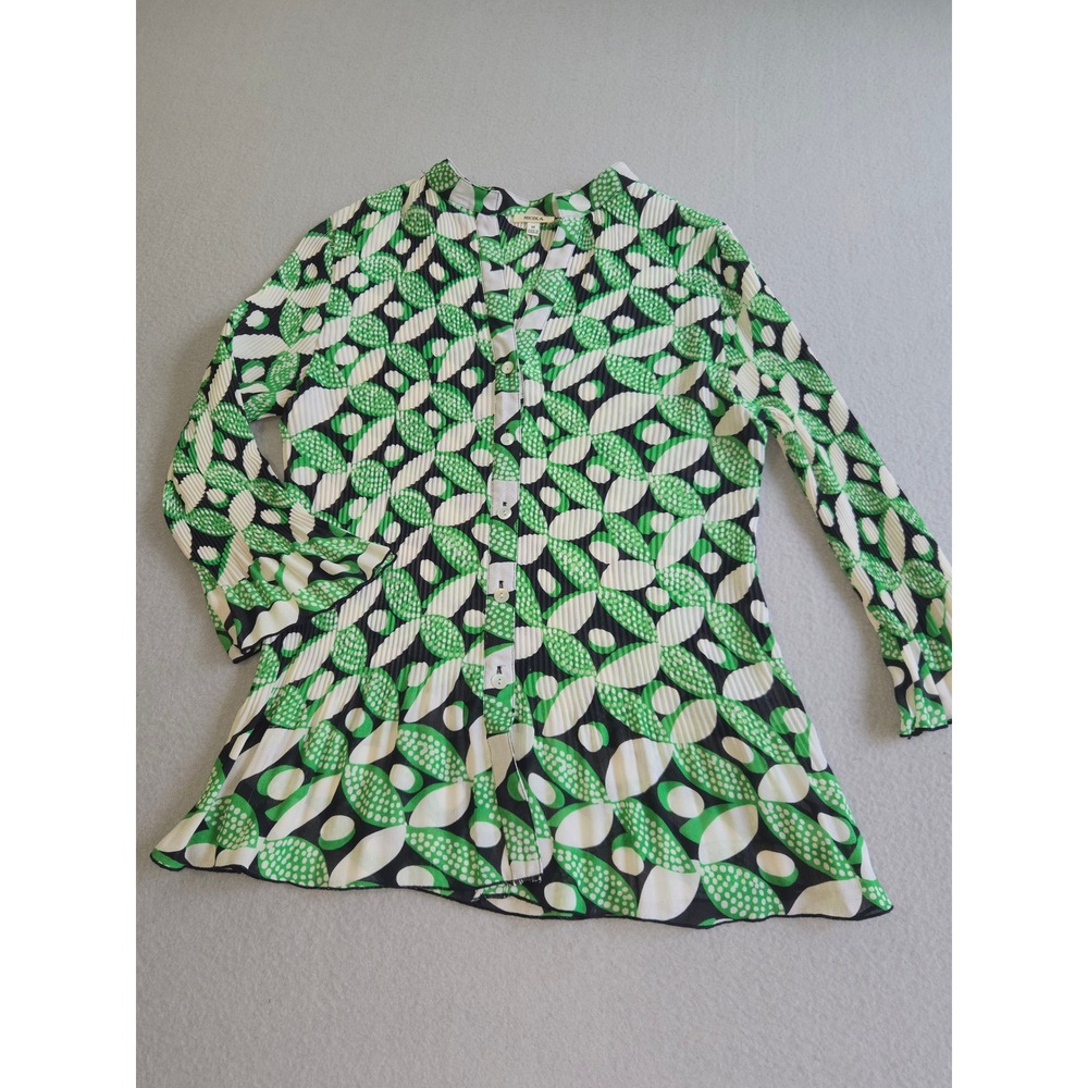 Nicola Blouse Womens Medium Green White Black Geometric Plissé Pleated Button Up